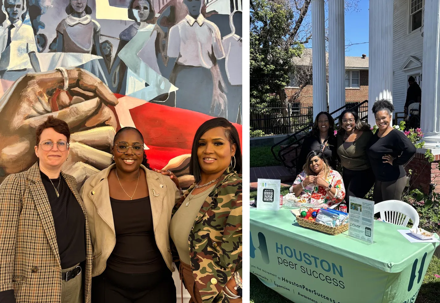 Two photos: three women in front of a painted mural, and four women at the Houston Peer Success table outdoors