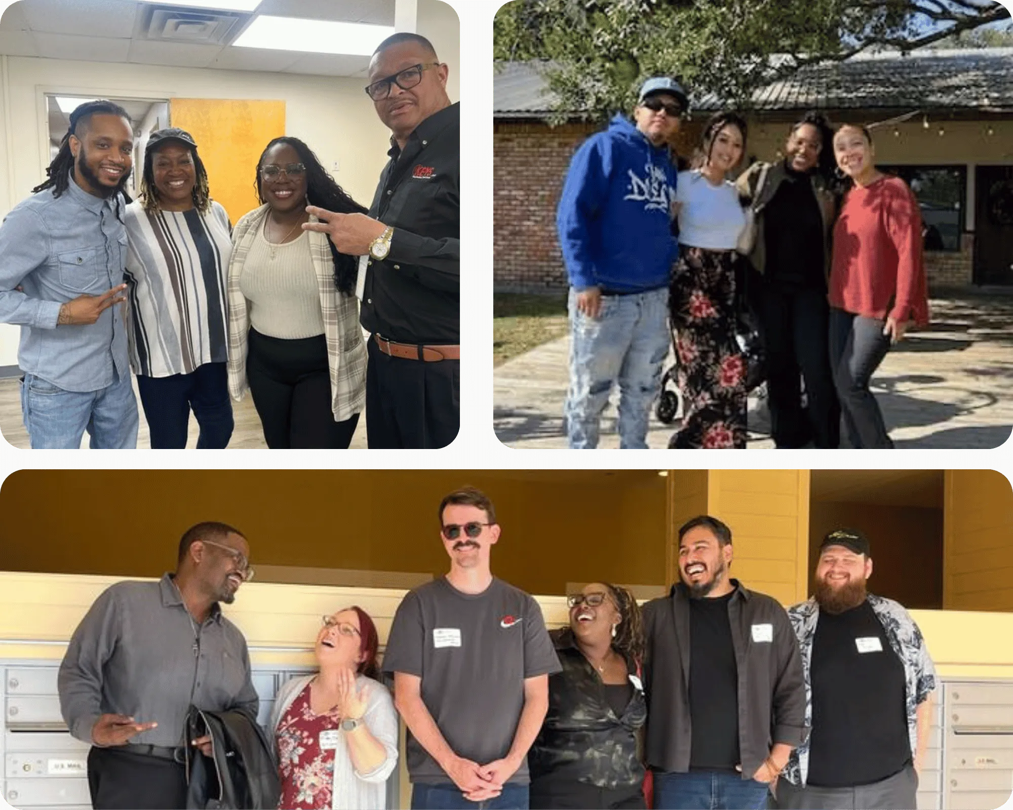 Tres fotos de profesionales de pares y aliados reunidos en eventos de Houston Peer Success