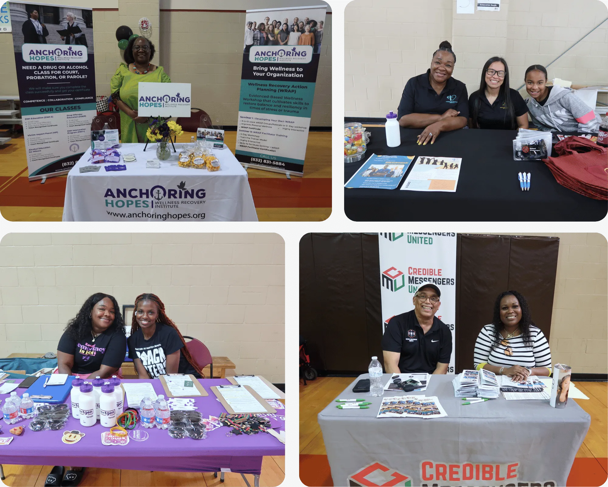 Cuatro fotos de organizaciones aliadas de Houston Peer Success sonriendo detrás de sus mesas informativas en una feria comunitaria de recursos