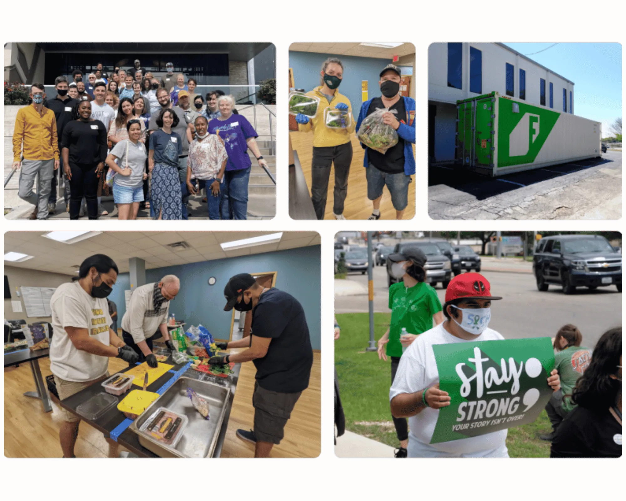 Collage de los programas de form communities: una foto de un grupo grande, voluntarios con alimentos donados, un remolque de clínica móvil, personas preparando comida y una persona con un letrero de “stay strong”