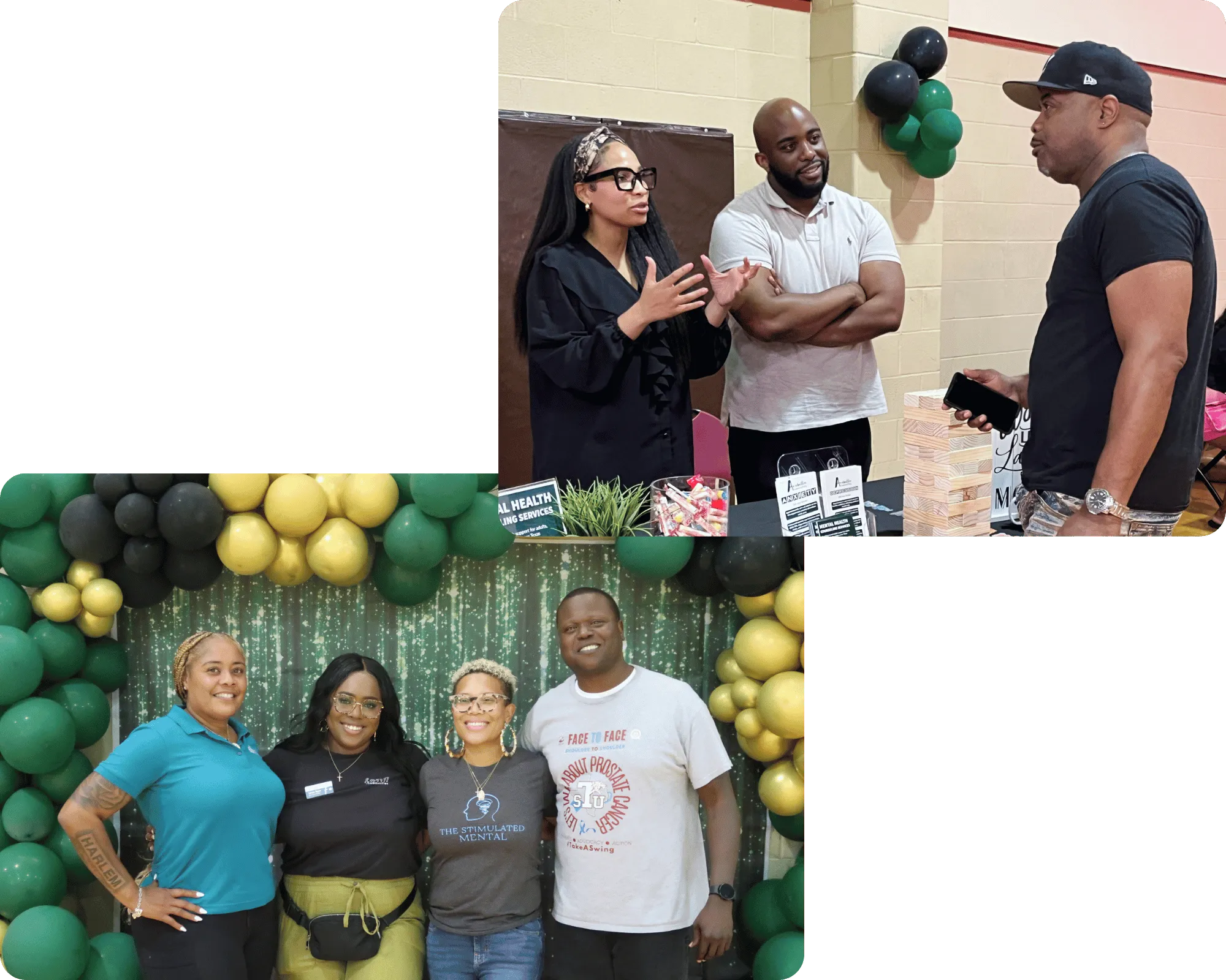 Dos fotos: líderes de pares de Houston conversando en un evento, y cuatro integrantes del equipo de Houston Peer Success sonriendo frente a globos verdes y dorados